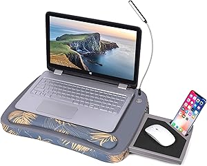 Deluxe Lap Desk for Laptop and Writing - Tropical Grey - Laptop Stand Accessories - Home Office Tray - Work from Home - Car Sofa Chair Couch Portable Desk - Pillow - Reading Light - Tablet Slot