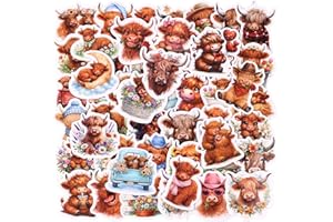 50pcs Highland Cow Stickers, Waterproof Cute Scottish Highland Cow Decals Vinyl Laptop Water Bottle Phone Scrapbook Aesthetic