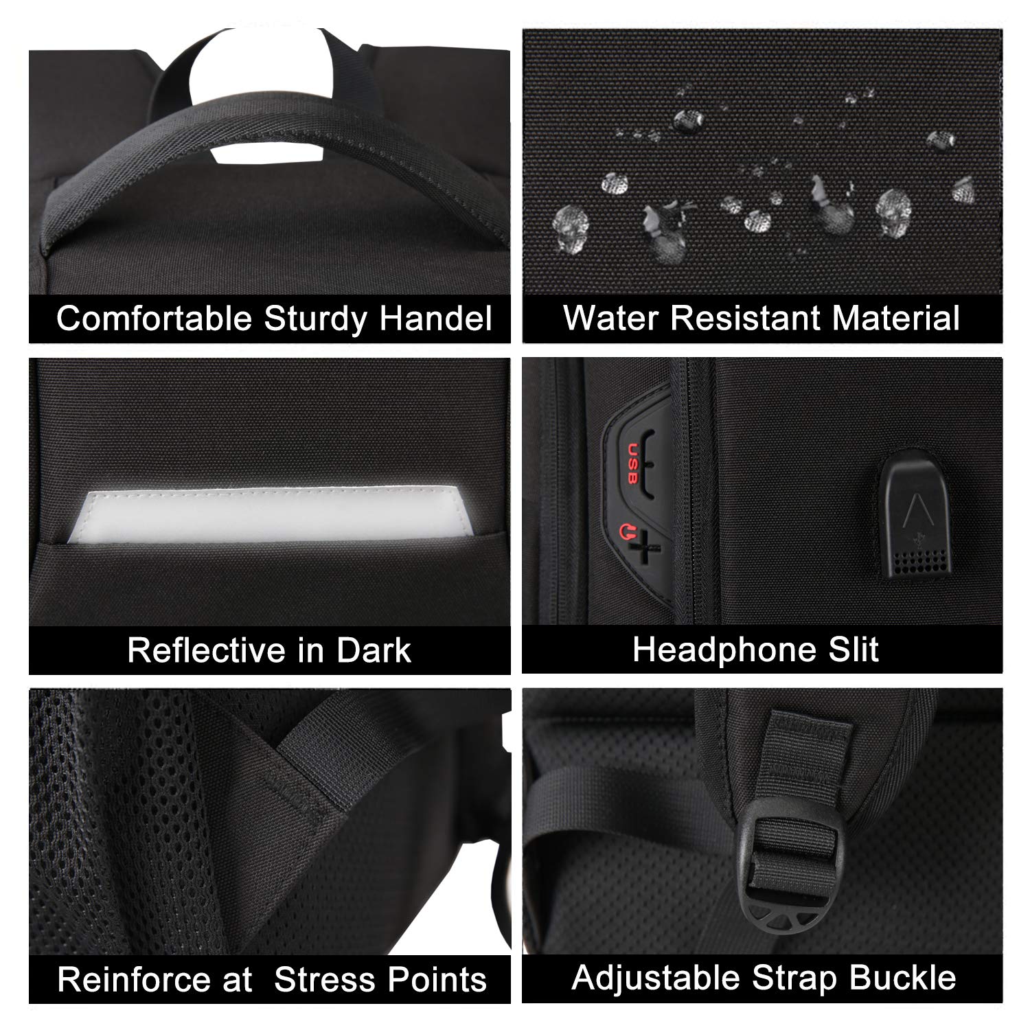 XQXA Laptop Backpack, Travel Business Backpack for Men & Women with USB Charging Port, Water Resistant Anti Theft School College Computer Back Pack Bag Fits Up to 17 Inch Notebook - Black