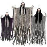 3 Pack Halloween Hanging Skeleton Ghost LED Red Eye Grim Reaper Yard Decor | light up red led glowing eyes skeleton, tattered gauze hanging skull ghosts for front porch, yard &amp; haunted house decor