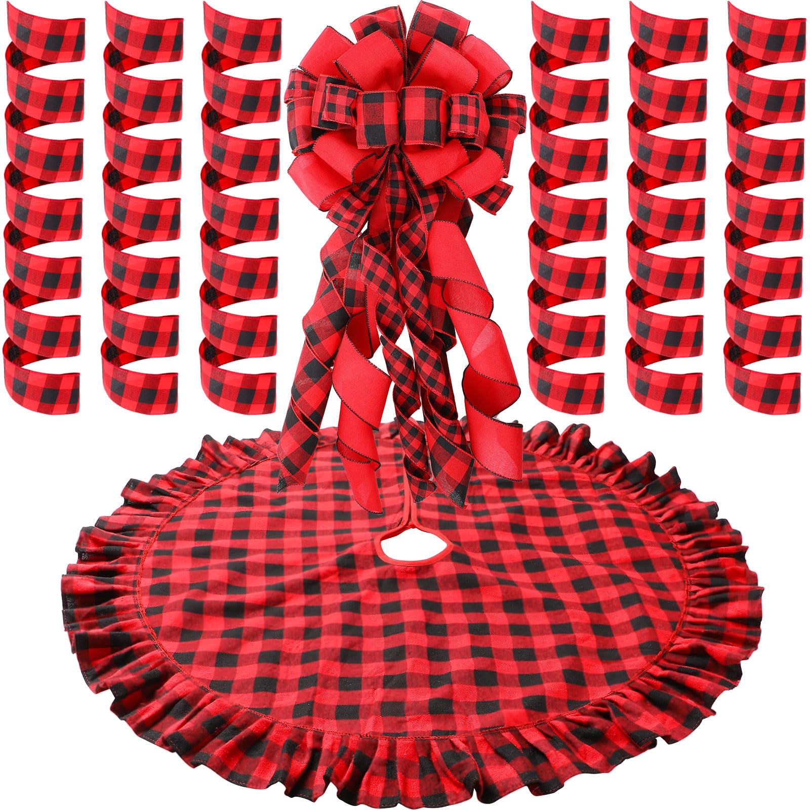 Syhood Christmas Tree Topper Bow Buffalo Plaid Christmas Tree Topper Large Christma Decoration with Bows Ribbon Xmas Plaid Skirt Ornament(Red and Black)