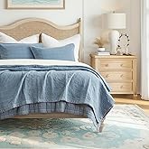 EVERGRACEHOME Stonewashed Cotton Quilt Set King Size, Ultra Soft Oversized Bedspread Coverlet Set, Lightweight Crinkle Box Stitch Bedding Sets for All Season, with 2 Shams, Sonoma Blue