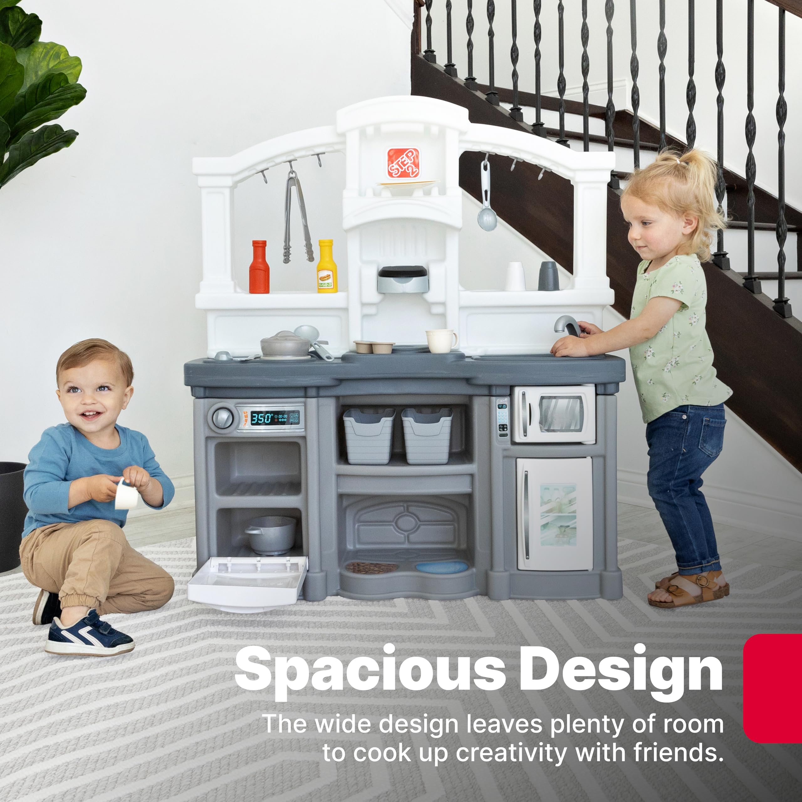 Step2 Fun with Friends Kids Kitchen Playset, Indoor/Outdoor Kitchenette with Lights & Sounds, Durable Plastic, 25-Piece Toy Accessories, Toddlers 2+ Years, Gray
