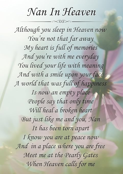Nan In Heaven Memorial Graveside Poem Keepsake Card Includes Free
