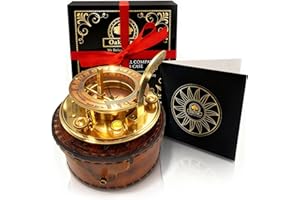 OakiWay Brass Sundial Compass in Leather Case - Nautical Gifts for Men, Antique Sailing Anniversary Vintage Gifts, Unusual Unique Nautical Decor, Naval Maritime Pocket Watch Clock (4.1" Inch)