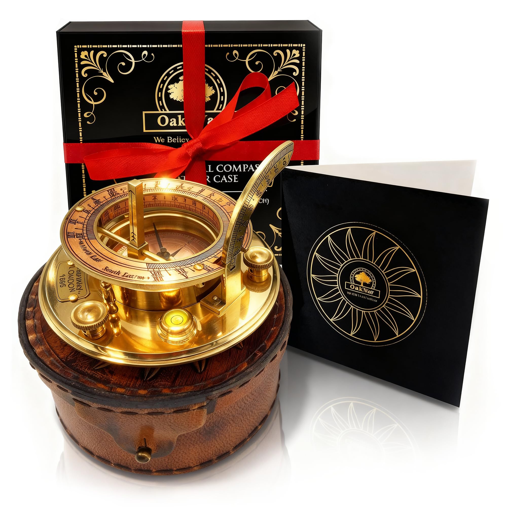OakiWay Brass Sundial Compass in Leather Case - Nautical Gifts for Men, Antique Sailing Anniversary Vintage Gifts, Unusual Unique Nautical Decor, Naval Maritime Pocket Watch Clock (4.1