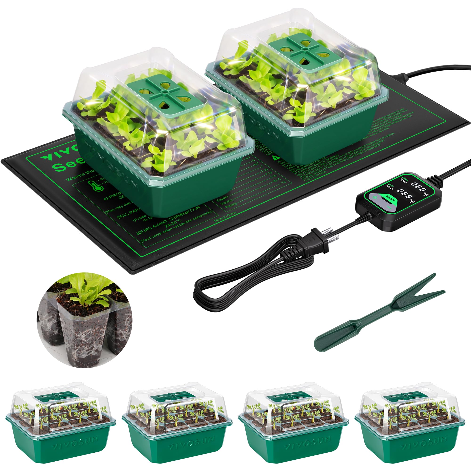 Photo 1 of VIVOSUN 6-Pack Seed Starter Trays with 10"x20.75" Seedling Heat Mat, Self-Adjusting Dual Digital Display Temperature Controller, 72-Cell Seed Starter Kit with Humidity Dome, Reusable Propagation Trays