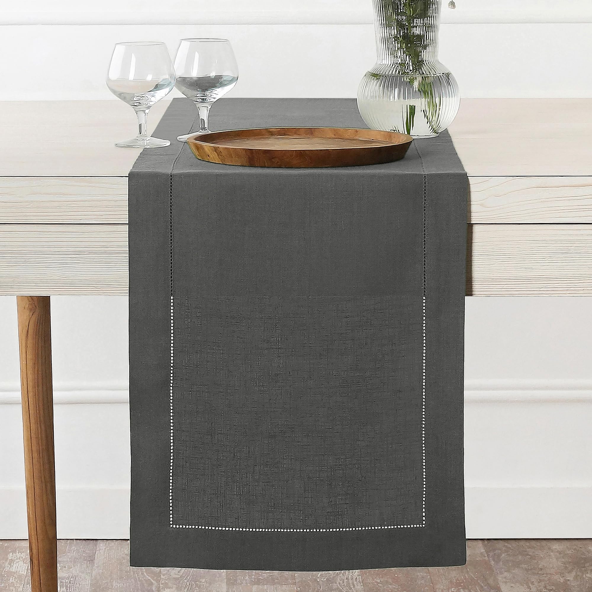 D'Moksha Homes Linen Table Runner - 14 x 48 Inch, 100% Pure Linen, Classic Hemstitch, Charcoal Grey, Machine Washable, Farmhouse Style — image 1