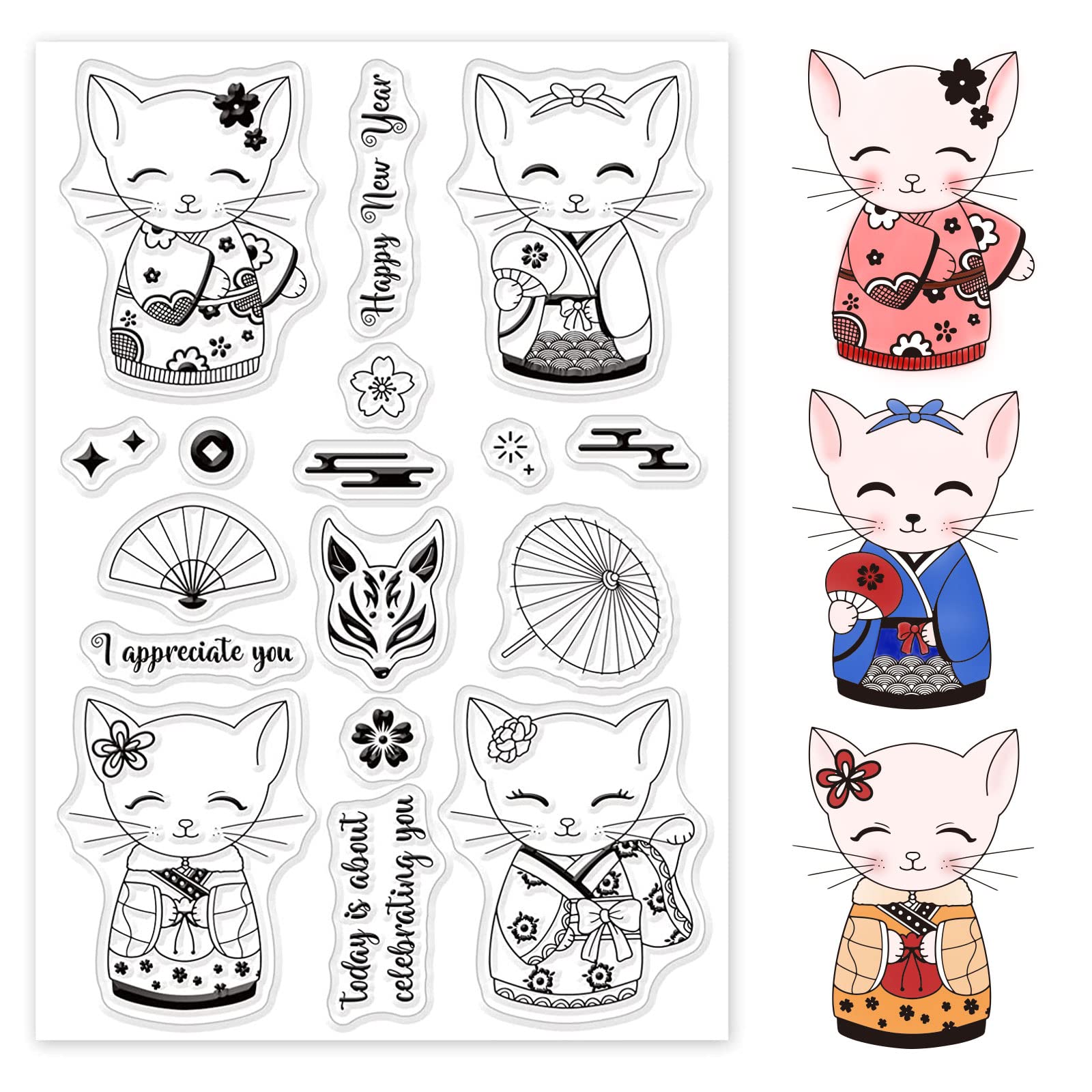 GLOBLELAND Kimono Cat Clear Stamps for Card Making Animal Silicone Stamp Seal Transparent Stamp for Scrapbooking DIY Photo Album Journal