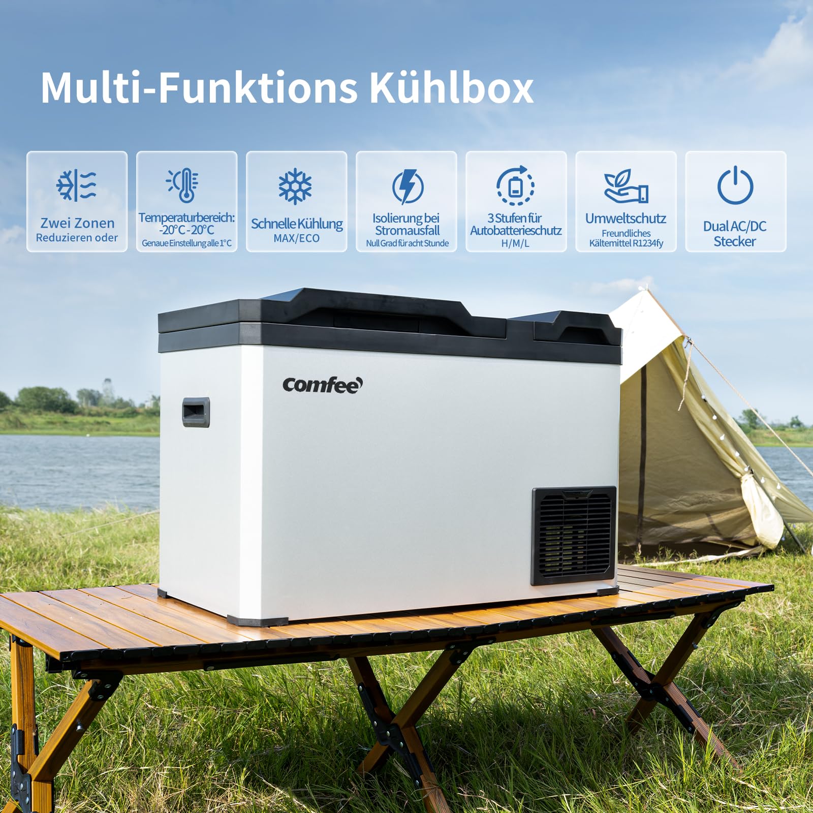 Comfee RCP43DS3(E) 43L Kompressor-Kühlbox Dual-Zonen, elektronische Steuerung, LED-Licht, ECO-Modus, geräuscharm, geeignet für Zuhause und Outdoor, 12/24V DC und 100-240V AC Stromversorgung 3