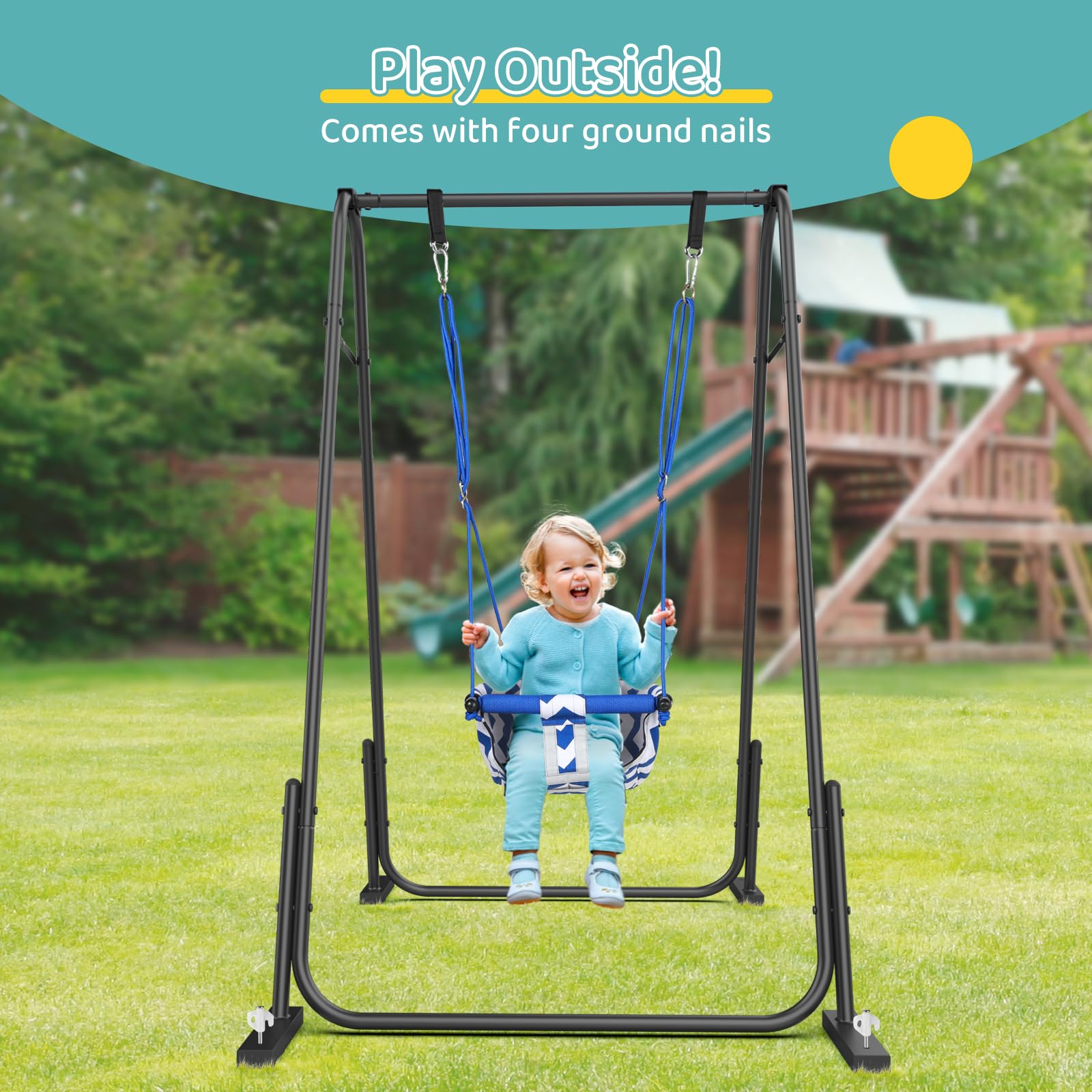 Slevoo 2 in 1 Baby Jumper and Swing, Toddler Swing Set with Foldable Stand, Ages 6 Months to 6 Years, for Indoor and Outdoor Fun, Blue