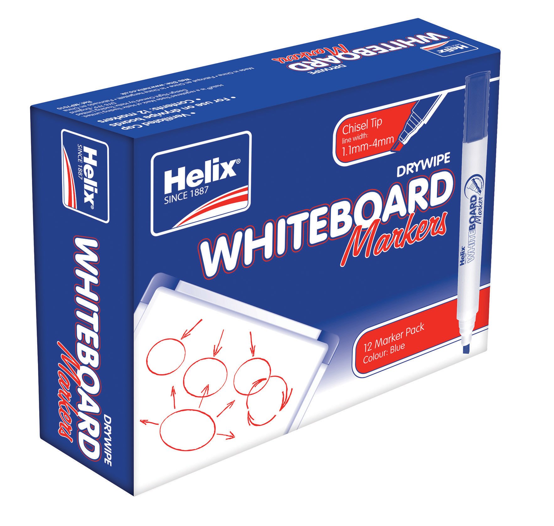 Helix Whiteboard Dry Wipe Marker Pens Chisel Tip x12 (Blue)