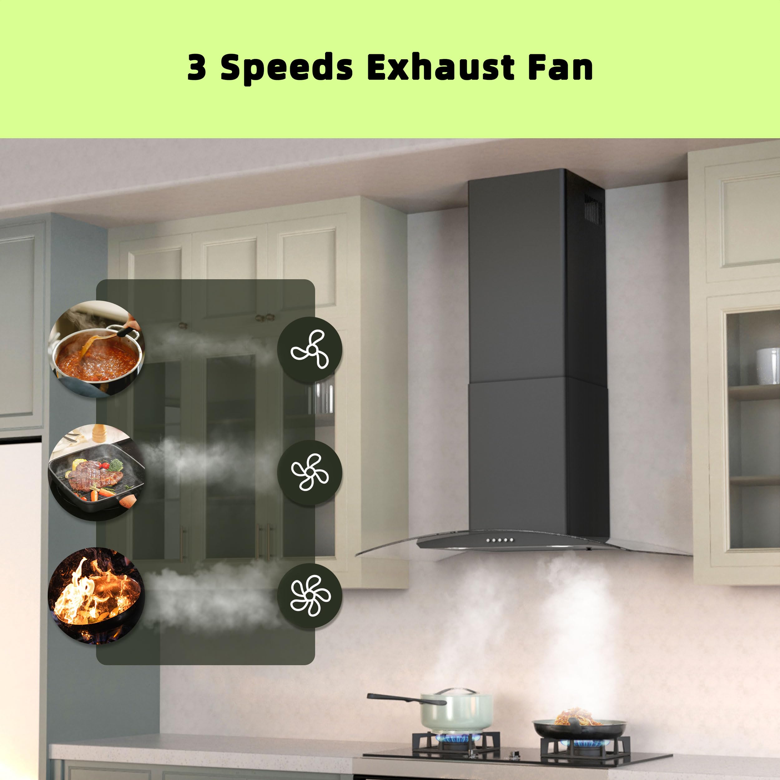 FIREGAS Wall Mount Range Hood 30 inch with 3 Speed Fan,black range hood with tempered glass,400CFM,Push Button Controls, LED Lighting, Permanent Filters in Stainless Steel,includes 2 Charcoal Filters