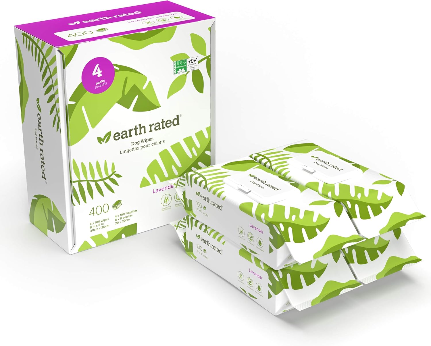 Earth Rated Dog Wipes, 100 Plant-Based and Compostable Wipes for Dogs, USDA-Certified 99 Percent Biobased, Hypoallergenic, Unscented 8x8 Deodorizing Grooming Pet Wipes for Paws, Body and Butt
