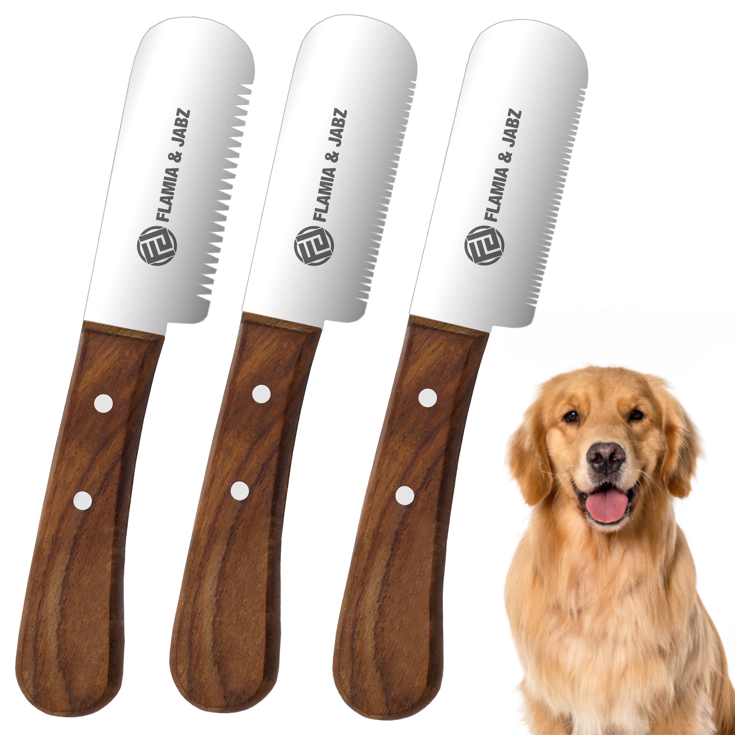 FLAMIA & JABZ Professional Dog Grooming Hand Stripping Knife, Stripper Trimmer Tool, Red Meranti Wooded Handle Non Slip Grip with Tripping Stainless Steel Blade (3 Piece Pack, Left Handed)
