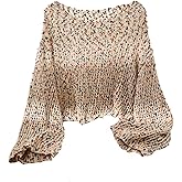 MakeMeChic Women's Plus Size Boho Tops Crochet Crop Sweater Bell Sleeve Boat Neck Y2K Vintage Top