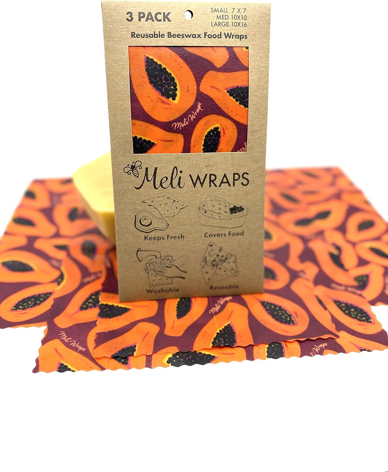 Meli Wraps Beeswax Wraps - Reusable Food Wrap Alternative to Plastic Wrap. Certified Organic Cotton, Made with Hawaiian Beeswax. 3-Pack includes sizes (SML) in Beautiful Original Prints