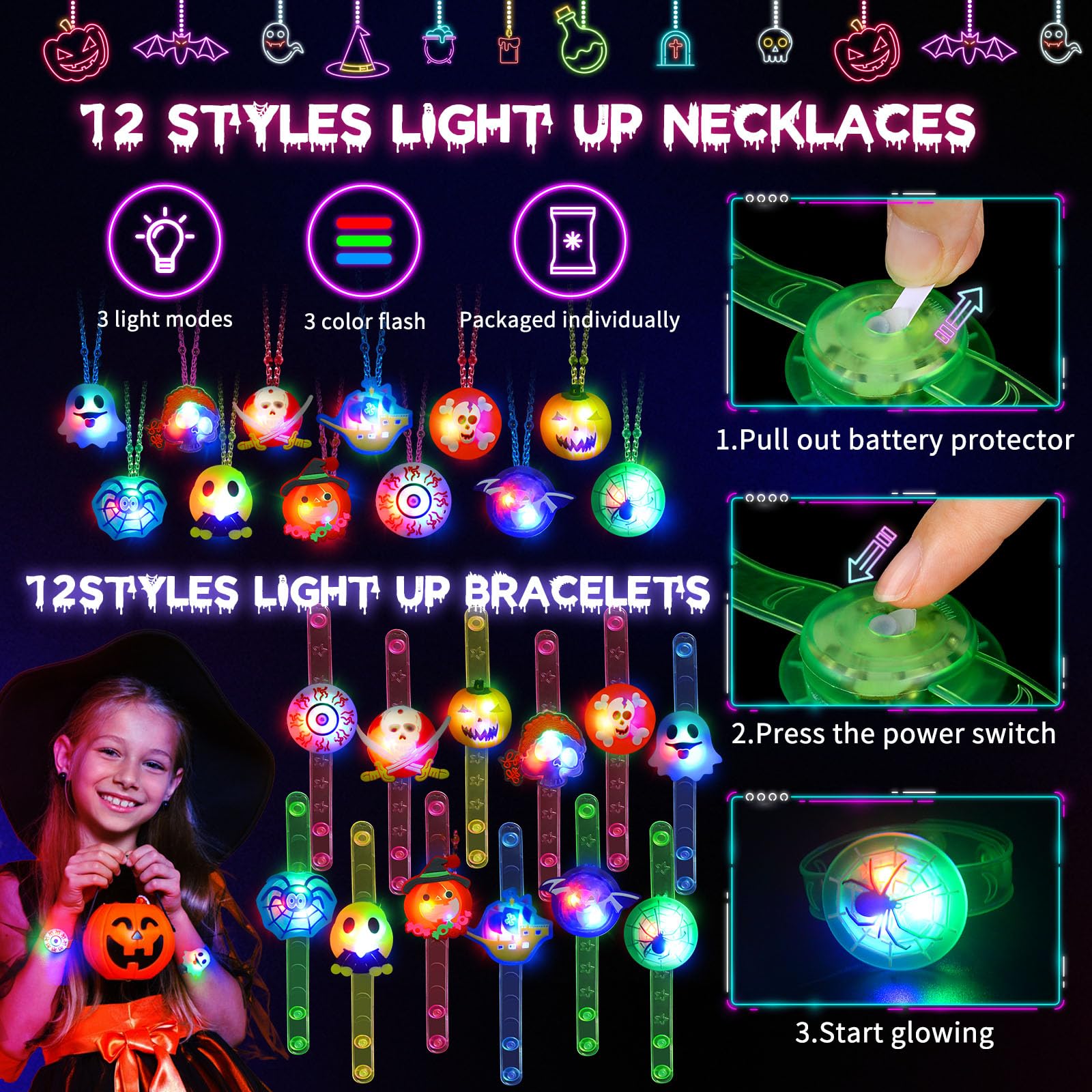 118 PCS Halloween Party Favors Bulk, 80 Rings, 14 Brooches, 12 Necklaces, 12 Bracelets,Halloween Toys for Kids, Glow in the Dark Toys, Bulk Halloween Goodie Bag Fillers, Halloween Party Supplies