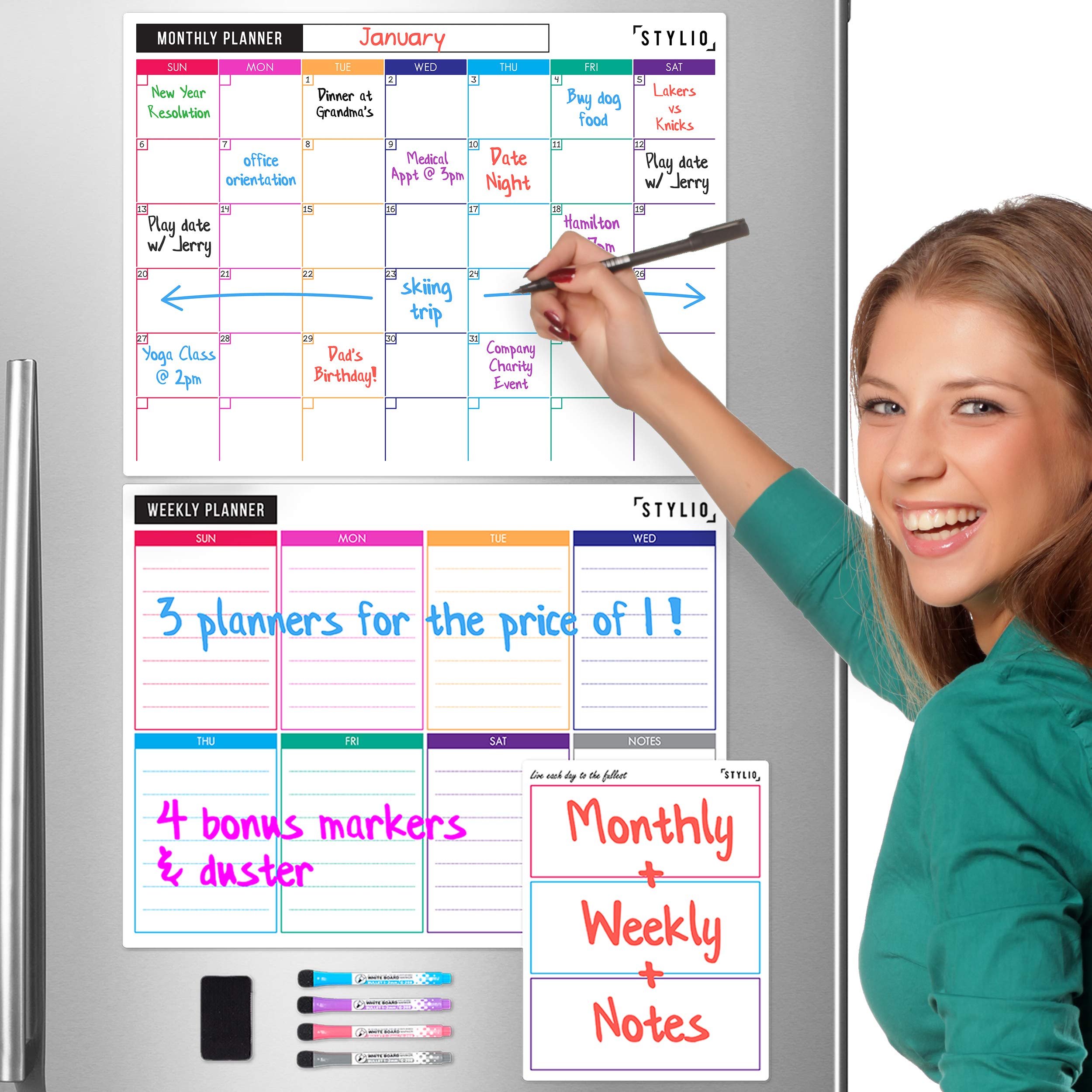 STYLIO Magnetic Fridge Family Planner: 3 Monthly, Weekly, Daily Planners. Meal Board, Whiteboard for Wall, Calendar
