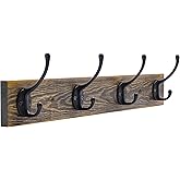 IBosins Wall Mounted Coat Rack, Entryway Hanging , Metal Wood Rack with 4 Black Literary Rustic Hooks Rail for Scarf, Bag, Towel, Key, Cap, Cup, Hat (Brown)