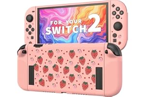 JEMDO Textured Grip Protective Case Compatible with Nintendo Switch 2 (2025) – Cute Pink Strawberry Design, Matte Shockproof TPU Shell with Anti-Slip Handles, Ergonomic & Comfort Slim Back Cover