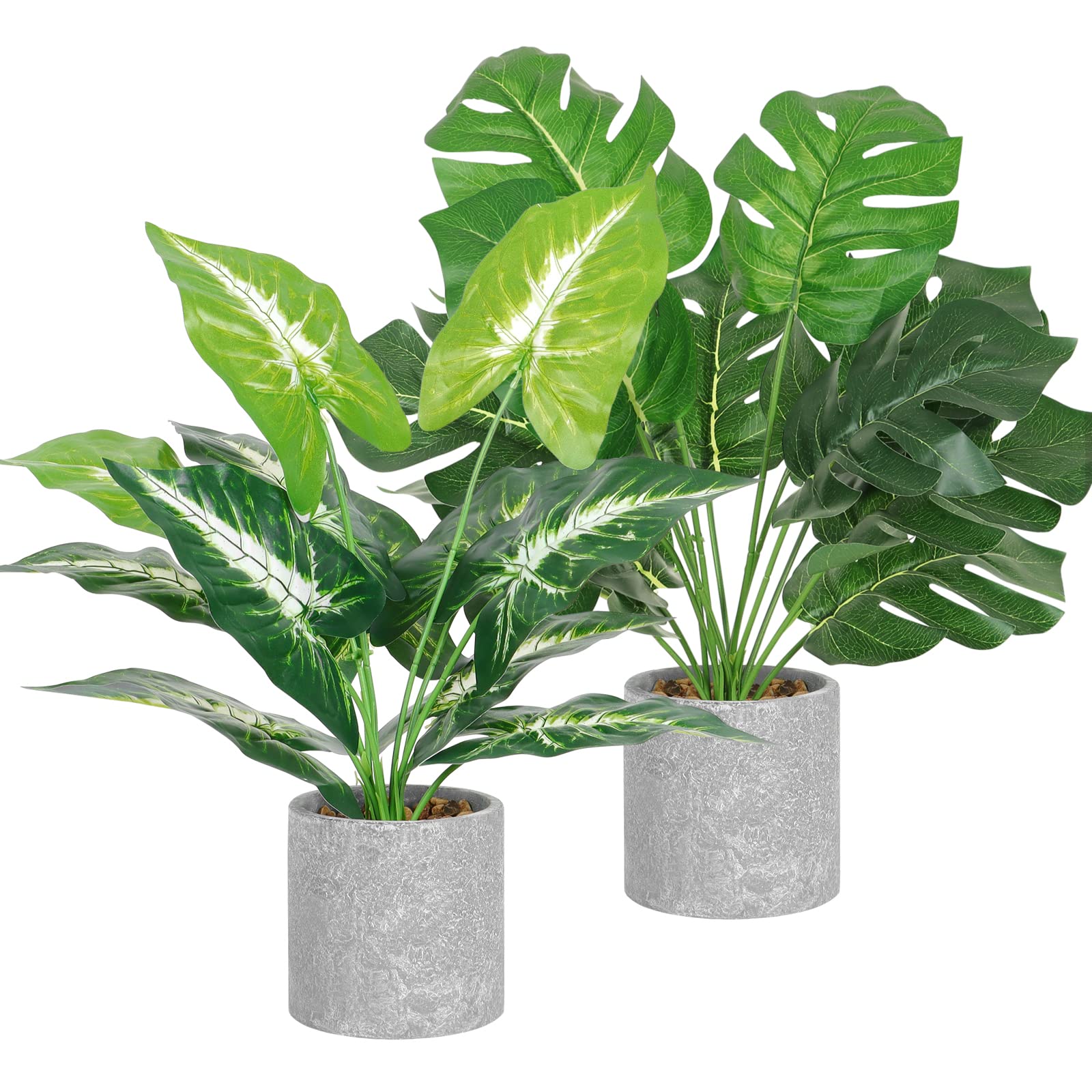 Dremisland 2pcs Fake Plants Artificial Monstera Plants in Pot 16" Tall Artificial Potted Plant with Grey Pot Faux Foliage Greenery Plant for Office Desk Shelf Table Bathroom Bedroom Indoor Décor