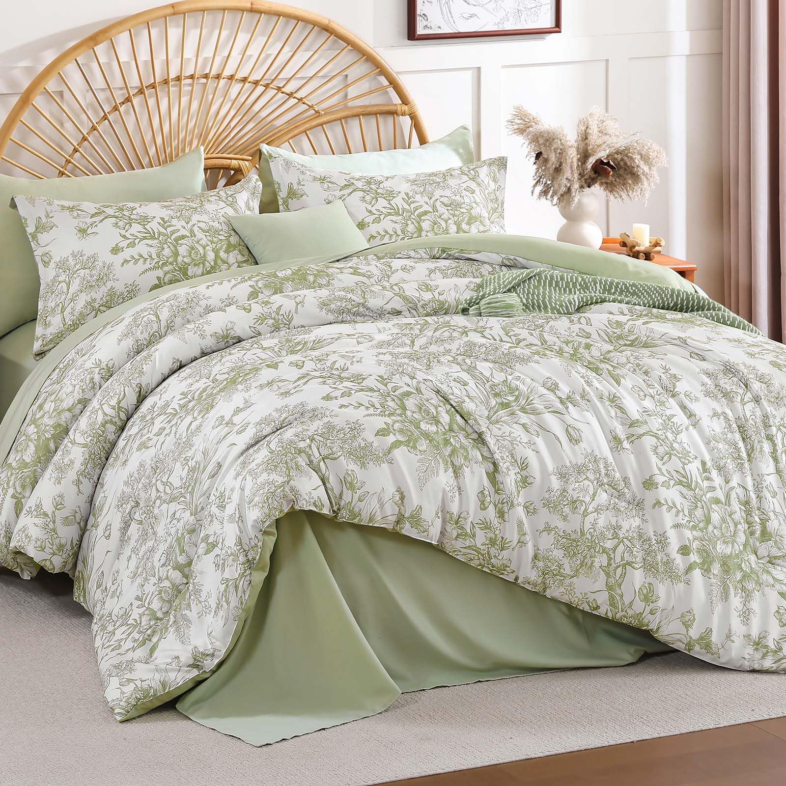 Dinjoy King Size Comforter Set - 8 Pieces Floral Comforter Set Grey, Bed in a Bag King with Botanical Print, Winter Soft Comforter Bedding Set with Sheets (Comforter 90"x104")