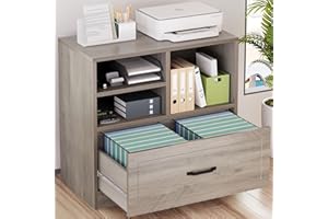 LVB Lateral Wood File Cabinet with Drawer, Farmhouse Printer Filing Cabinet with Storage for Legal Letter A4, Wooden Printer Stand with Hanging File Organizer Shelves for Home Office, 32.7 in, Greige