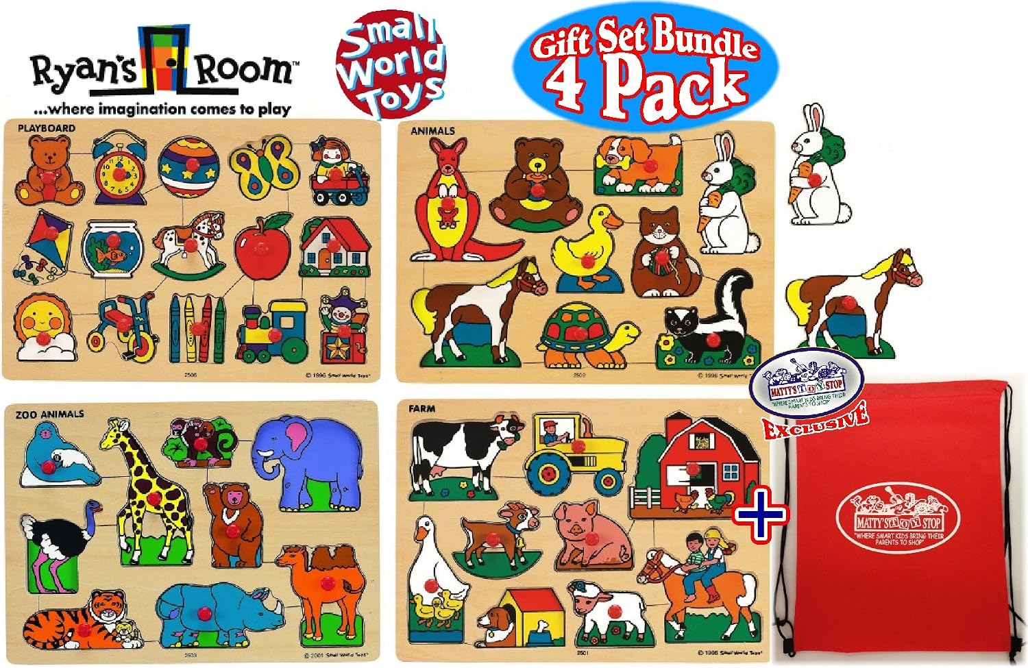 スモールワールドtoys Ryan S Roomクラシック木製pegパズルplayboard 動物 動物園動物 ファーム動物ギフトセットbundle With Exclusive Matty S Toy停止 ストレージバッグ 4パック 木製パズル おもちゃ Amazon