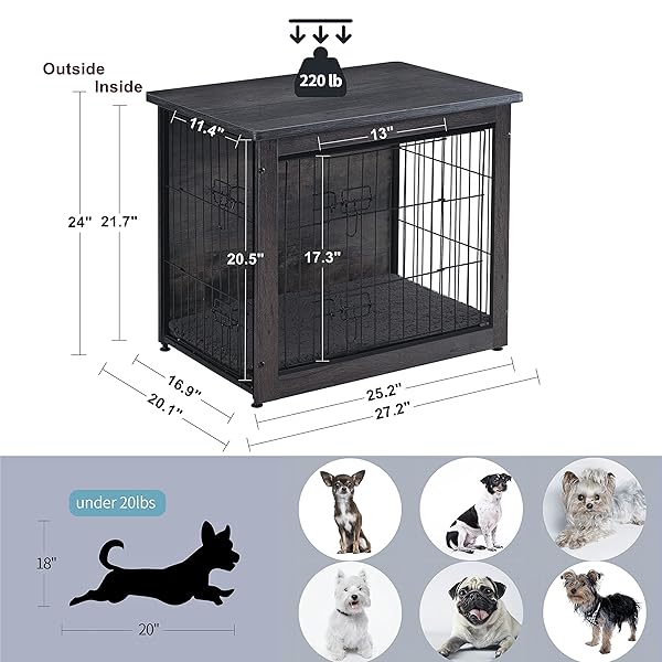 DWANTON DOG CRATE FURNITURE WITH CUSHION, WOODEN KENNEL TABLE WITH DOUBLE DOORS, INDOOR DOG HOUSE, SMALL/MEDIUM/LARGE/EXTRA LARGE SIZE, 27.2″ L, DARK GRAY