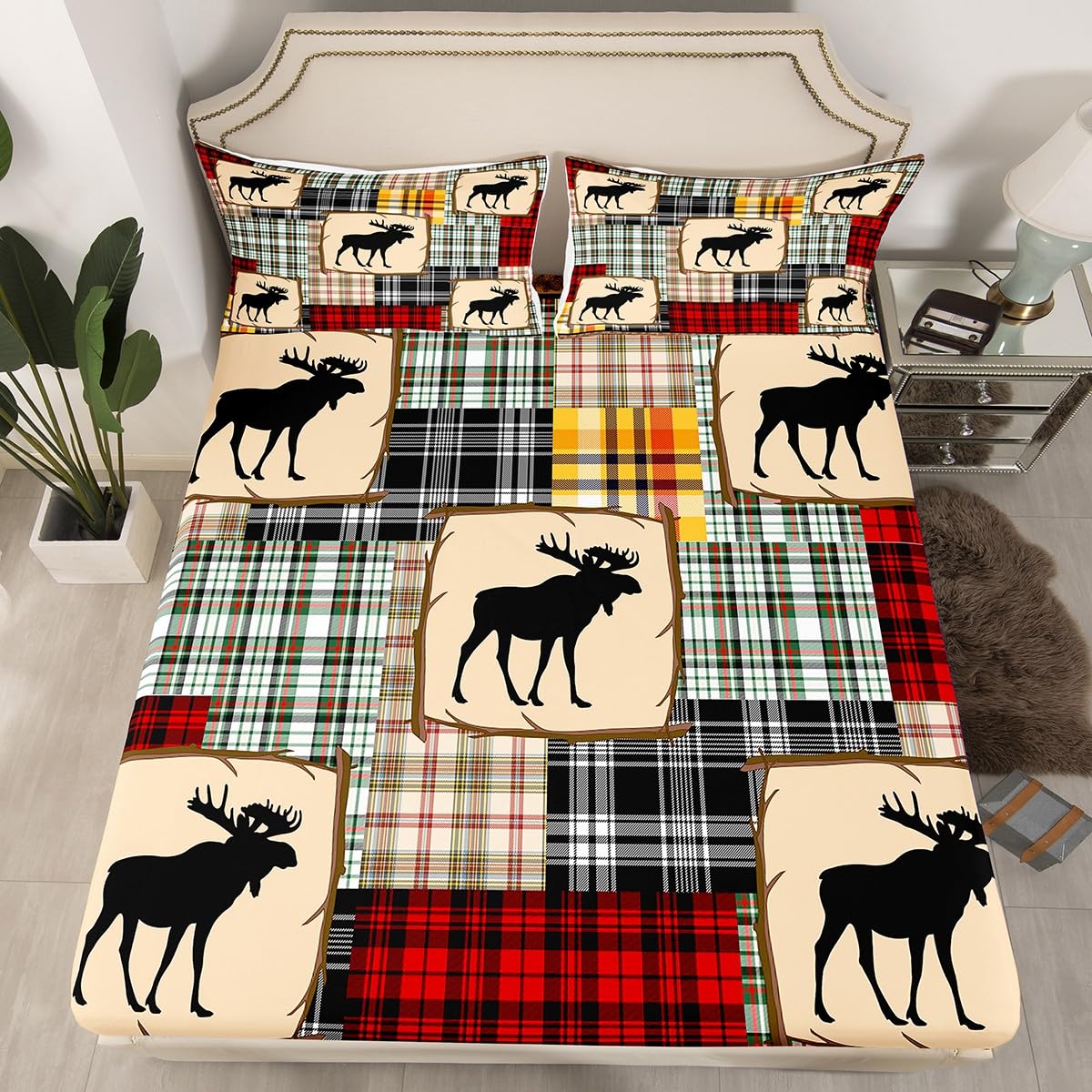 Deers Fitted Sheet Double Size, Colorful Plaid Patchwork Bed Cover with 2 Pillowcases, Wild Animal Theme Bedding Set 3pcs for Kids Boys Girls Room Decor, Soft Polyester Bedding