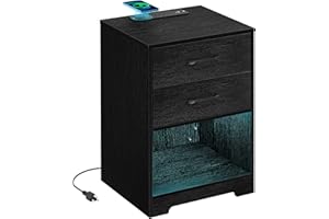 ABTOR LED Nightstand with Wireless Charging Station and Light Strips,End Table with USB Ports and Outlets, Modern End Side Table with 2 Drawers and Open Compartment for Bedroom (Black)