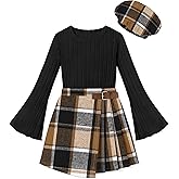 TALLWH Girls Clothes 3Pcs Girl Outfits Solid Color Flare Sleeve Tops + Plaid Skirt Shorts + Beret Girls' Clothing Sets 7-14Y