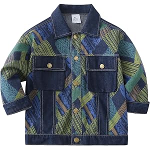 YJBQ Kids Vintage Patchwork Denim Jacket Boys Girls Oversized Jean Coat | vintage geometric print design, trendy oversized bo