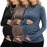 Neer 3 Pack Women's Maternity Tops, Pregnant Long Sleeve Sweaters Mock Turtleneck Pregnancy Shirts Ribbed Knit Mama Clothes