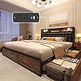 EnHomee Full Bed Frame with 4 Storage Drawers and Headboard Upholstered Bed Frame Full Size with Charging Station, No Noise, Metal Support, No Box Spring Needed,Vintage Brown