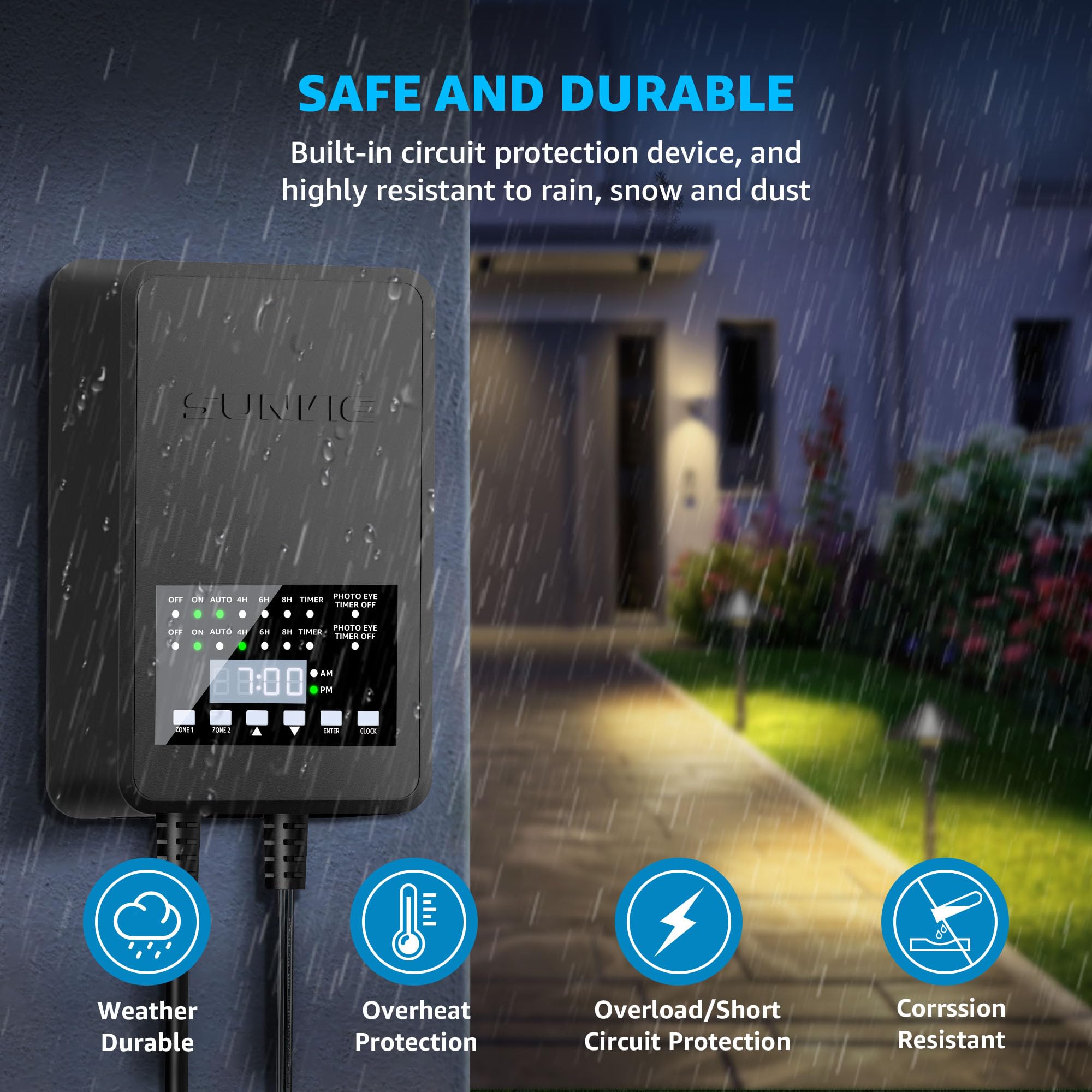 SUNVIE 300W Low Voltage Landscape Transformer with 2 Independent Control Output Landscape Lighting Transformer with Timer and Photocell Sensor 120V AC to 12/14V AC Weatherproof Low Voltage Transformer