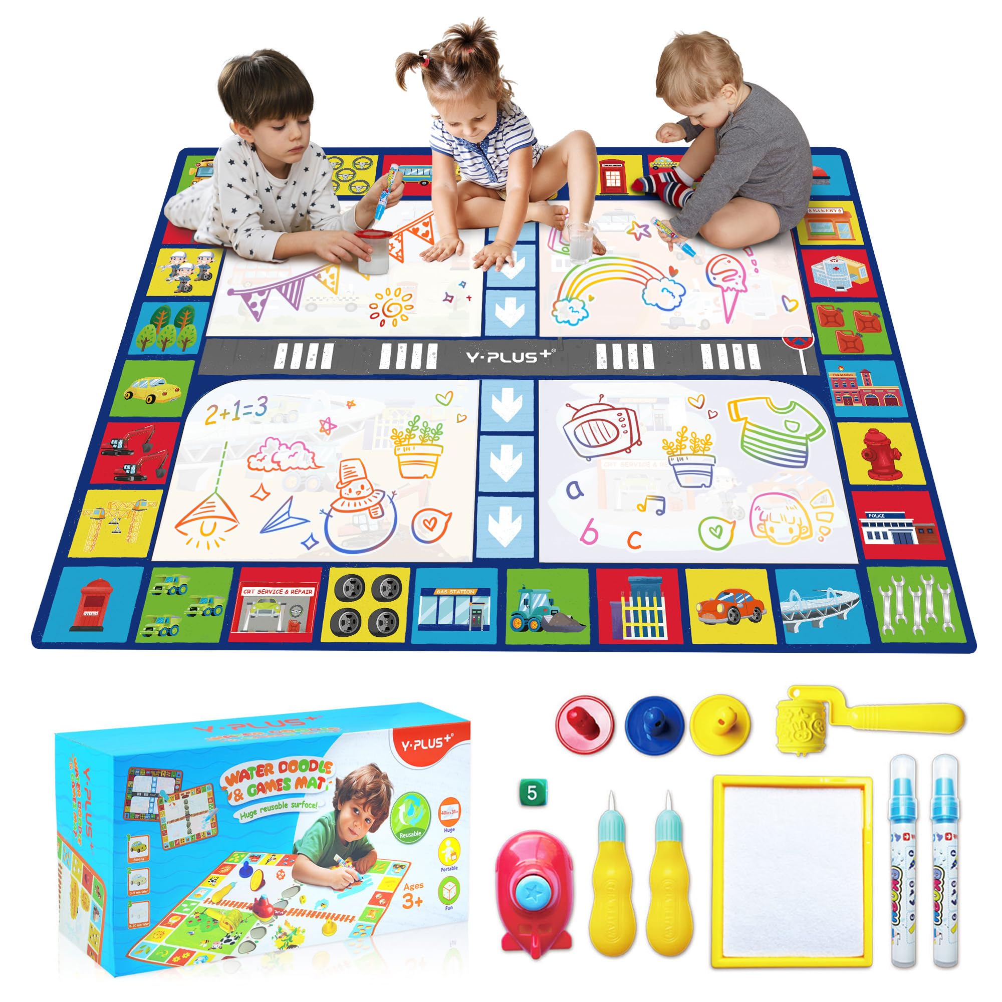 YPLUS Water Doodle Mat for Toddlers 40×32 Inch, Magic Drawing Painting Mat with Board Game, Mess-Free Coloring Toys, Montessori-Inspired Art Supplies, Portable Gifts for Kids Ages 3-6, Theme Town