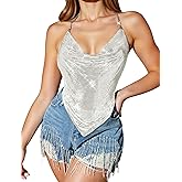 Ausing Women Sequin Deep V Backless Tank Top Vest Shiny Metallic Chain Strap Sexy Halter Top Party Nightclub XS-L