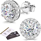 GEMQUEEN Moissanite Halo Earrings Studs : 18K Gold Plated Solid 925 Sterling Silver Stud Earring for Women Men Hypoallergenic Dainty Moissanite Jewelry for Sensitive Ear Round Cut D Color VVS1 1CT-4CT