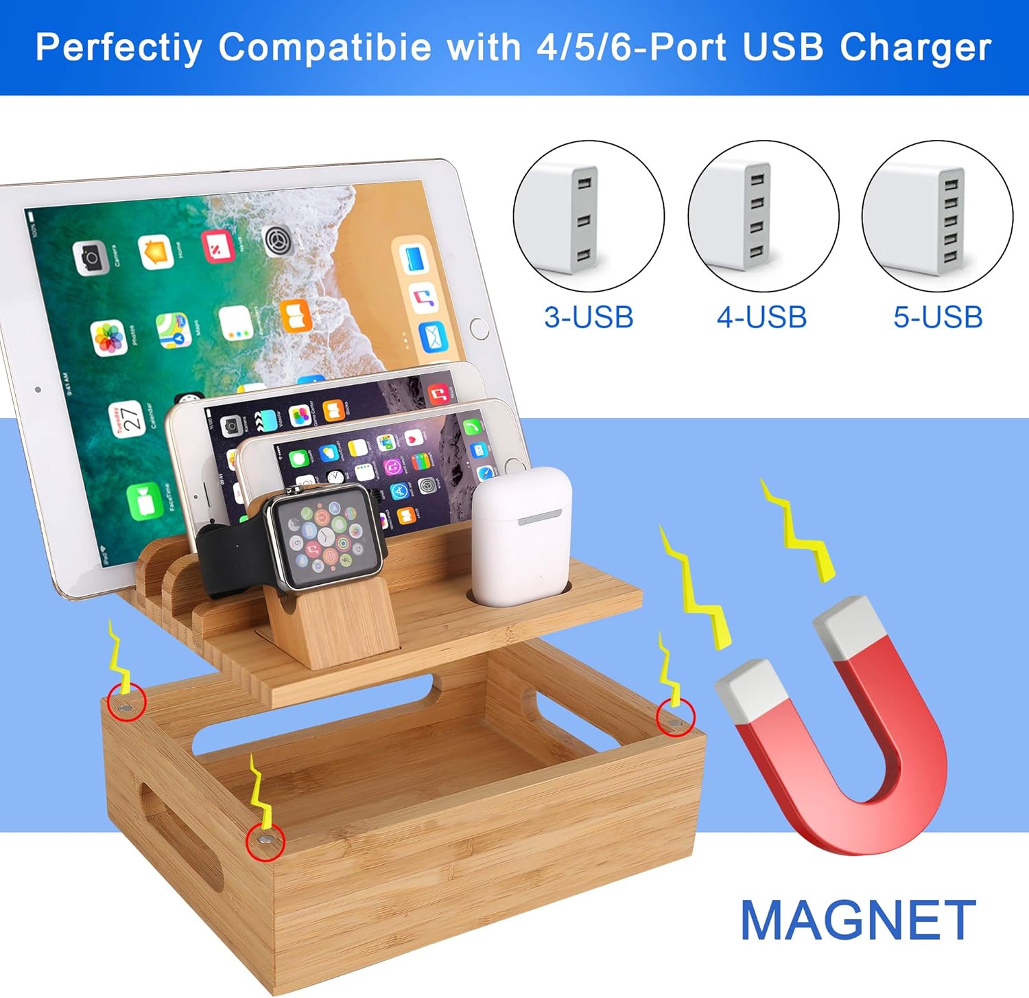 Bamboo Wood Cell Phone Charging Stand Compatible iPhone 12 11 Pro Max XS XR X 8 7 6 6S Plus iPad 3 4 Mini Air Pro Apple Watch 2 3 4 iWatch 38 42mm AirPods Samsung Smartphones - Image 3