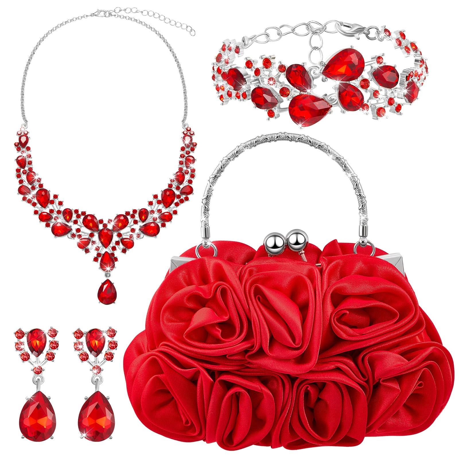 Photo 1 of **UNKNOWN MISSING PIECES**Paterr 4 Pcs Flower Clutch Rhinestone Jewelry Set Rose Clutch Handbags with Detachable Strap Detachable Necklace Earrings Bracelets for Wedding Party Prom Valentine Gift(Red)