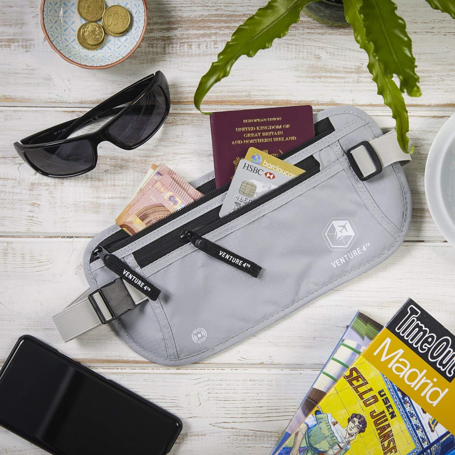  | VENTURE 4TH Travel Money Belt RFID Blocking Hidden Waist Stash (Silver) | Travel Wallets