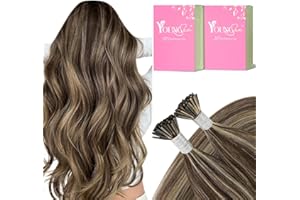 YoungSee I Tip Extensions Brown Highlight Hair Extensions I Tip Dark Brown with Blonde Highlight Human Hair Extensions I Tip 1g/s 50g I Tip Hair Extensions Human Hair 24 Inches for Long Hair