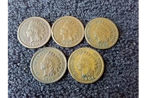 1900 to 1909 Indian Head Pennies - Set of 5 coins - All Different Dates (1c) US Mint - Good to Fibe