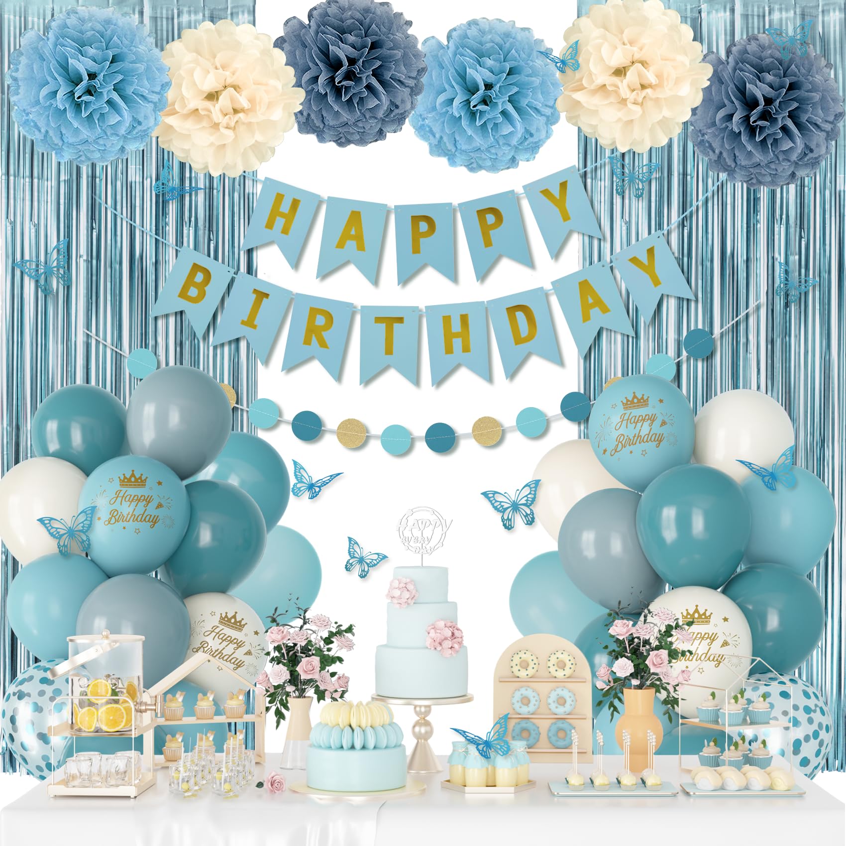 Photo 1 of Blue Birthday Decorations, Dusty Blue Sand Confetti Metallic Printed Balloons Butterfly Stickers Fringe Curtain Happy Birthday Banner Circle Dots Paper Pompoms Boys Men Girls Women Party Supplies