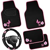 CAR PASS Embroidery Butterfly Steering Wheel Cover and Waterproof Car Floor Mats,Pink Car Mats 14.5-15inch Steering Wheel Covers Universal Fit for Cars, Suvs,Sedans,Van,for Women Girl(Black and Pink)