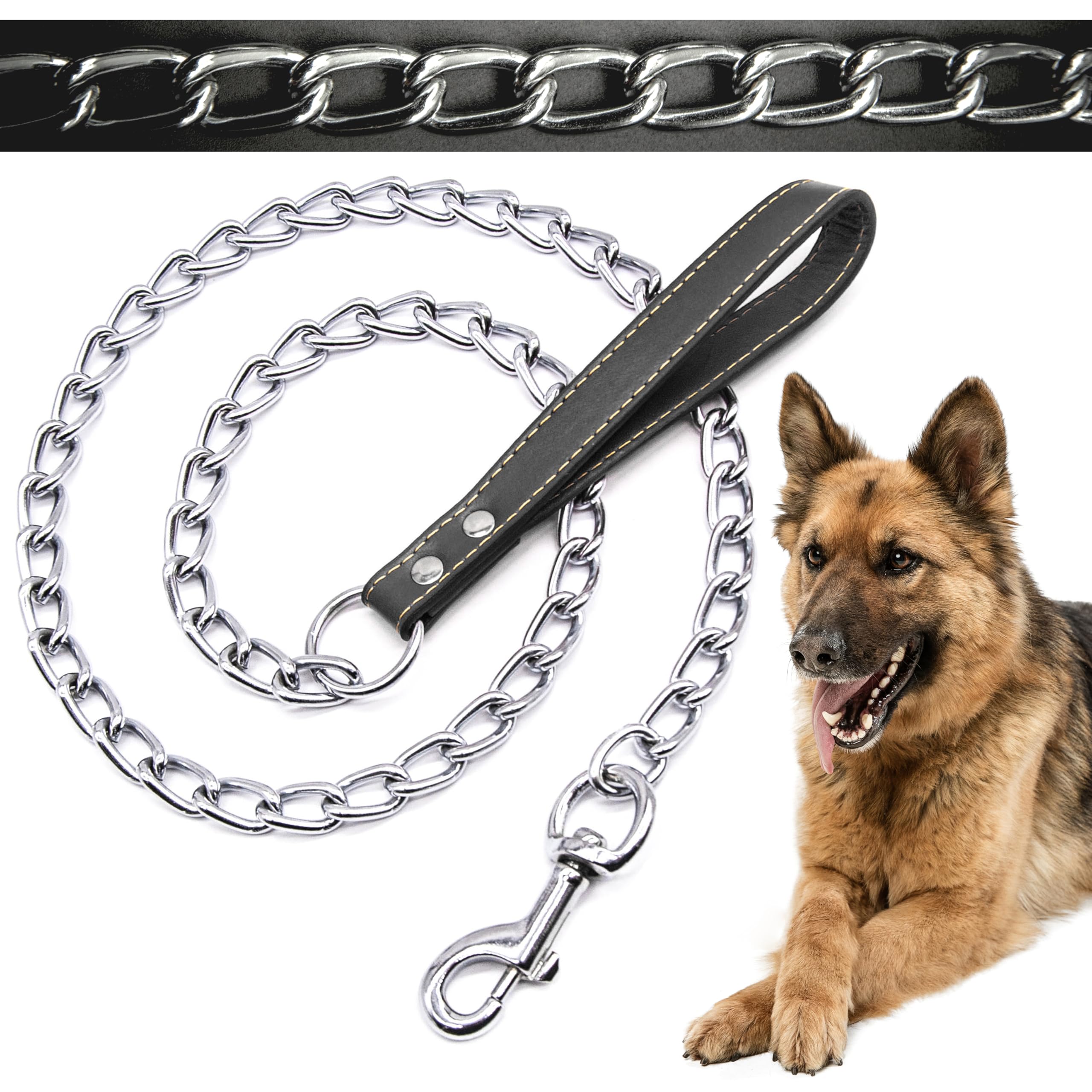 4ft (4mm) Premium DOG CHAIN with STRAP Chew Proof Dog Lead Hook Heavy Duty Outdoor Dog Camping Accessories Walking Dog Leashes Dog Chain Training Lead for Dogs (Black, 4mm (120cm))