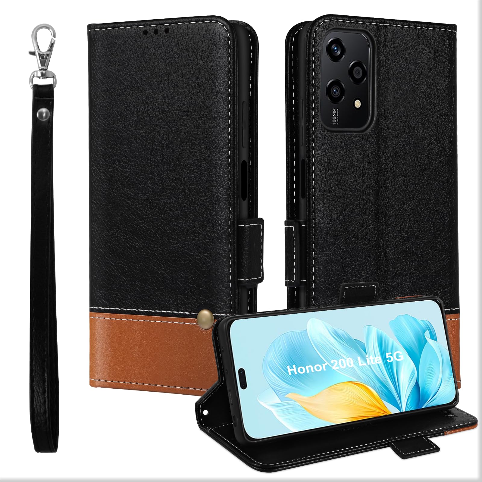 MAMA MOUTH Phone case for Honor 200 Lite 5G, Flip Leather Magnectic Case with Card Slots,Shockproof TPU Bumper Cover with Kickstand,Protective Wallet case for Honor 200 Lite 5G with Wrist Strap Black