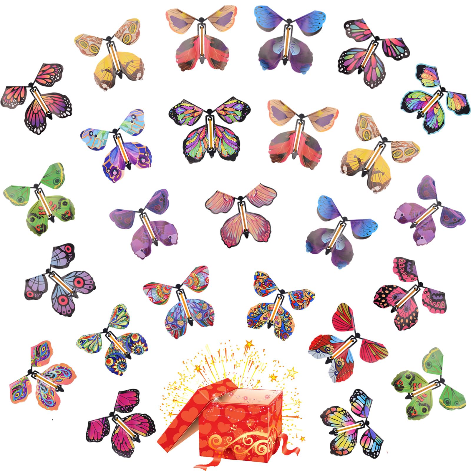 YTOOK 25Pcs Magic Flying Butterfly, Wind Up Flying Butterfly Surprise Box, Magic Fairy Flying Toy for Book Greeting Card Wedding Birthday Party Surprise